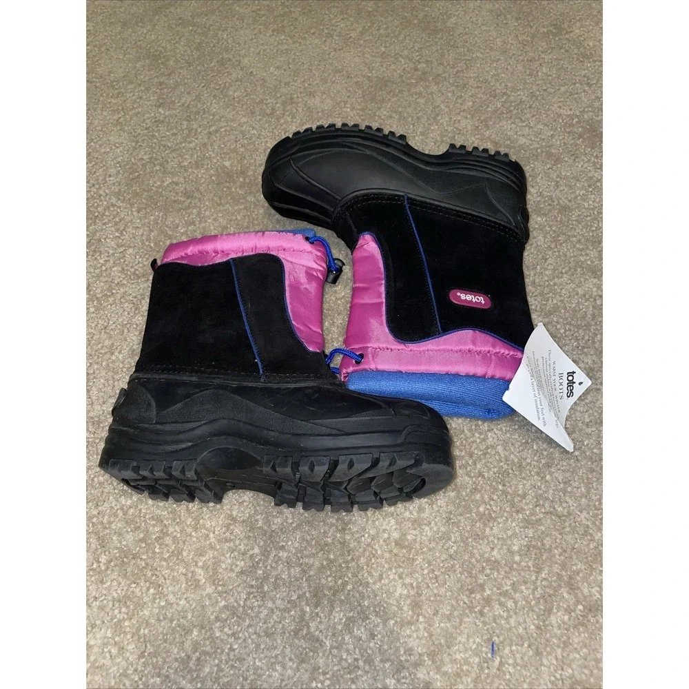 Totes Kids Snow Boots Black Pink Blue Waterproof Winter Insulated Size 4 NEW